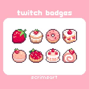 Strawberry Cake Twitch Sub Badges, Bit Badges | pixel art kawaii pastel pink dessert bakery cupcake coquette sweet vanilla cafe cottagecore