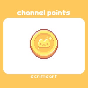 Op de afbeelding: Een pixel art-illustratie van een gouden munt met een klein, geel, gepixeld kattengezicht erop. De tekst "channel points" staat boven de munt en de tekst "scrimsort" staat onder de munt.