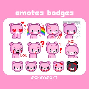 Op de afbeelding: Een set van 12 roze beren-emoticons met verschillende uitdrukkingen, waaronder harten, regenbogen, bloed en tekst zoals "LOL" en "Hiii". De emoticons zijn gepixeld en hebben een retro-videogamestijl. De tekst "emotes badges" en "scrimsart" is ook in de afbeelding opgenomen.