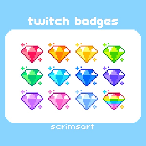 Diamond Twitch Sub Badges, Bit Badges | pixel art cute kawaii gaming crystal jewel gem rainbow pink gemstone emerald amethyst ruby sapphire