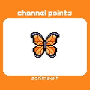 Può includere: Farfalla pixelata con ali arancioni e nere, centrata su sfondo bianco. L'immagine ha un bordo arancione con il testo "channel points" in alto e "scrimsort" in basso.