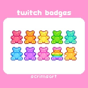 May include: A set of nine pixel art gummy bear Twitch badges in rainbow colors. The badges feature a gummy bear design with a slight variation in each color. The text "twitch badges" appears at the top of the image and "scrimsart" appears at the bottom.