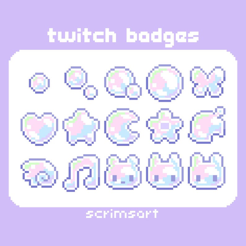 Insignias de suscripción de Bubble Twitch, insignias de bits / pixel art lindo kawaii pastel rosa arcoíris estrella corazón hada océano sirena acuático playa jabón mágico imagen 1