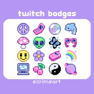 Y2K Twitch Sub Badges, Bit Badges | pixel art cute kawaii pastel rainbow psychedelic pink butterfly flip phone alien dolphin hippie flower