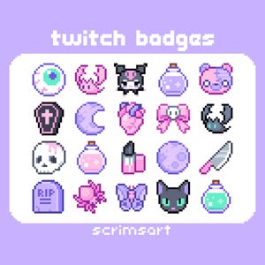 May include: A collection of twenty pixel art icons arranged in a grid, labeled twitch badges and scrimsort. The icons feature various designs including an eyeball, a coffin, a skull, a tombstone, a moon, a heart, a bow, a knife, and animals.