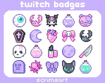 Pastel Goth Twitch Sub Abzeichen, Bit Badges | pixel art gruselig niedlich pink lila punk emo alt gruselig hexenschädel fledermaus sarg messer motte