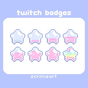 May include: Eight pixel art Twitch badges in the shape of stars. The first three stars are light blue with a white outline. The next three stars are pink with a white outline. The last two stars are pink with a white outline and a rainbow on top. The text "twitch badges" is at the top of the image and the text "scrimsart" is at the bottom of the image.