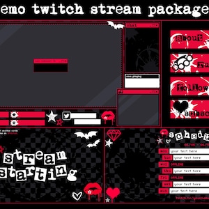 May include: An Emo Twitch stream package design with a black, red, and white color scheme. The design includes a large streaming screen, chat box, and various panels labeled "about", "rules", "follow", and "subscribe". The words "stream starting" are also visible.