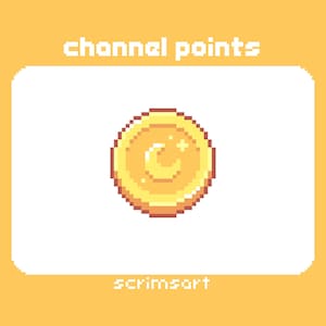 May include: A pixel art illustration of a gold coin with a crescent moon and a star on it. The text "channel points" is above the coin and the text "scrimsort" is below the coin.