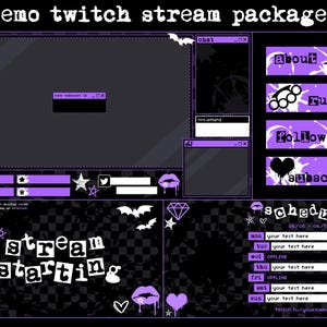 Paquete de transmisión animada emo PÚRPURA / superposición de Twitch / configuración de Vtuber personalizada negra, estética gótica pop punk scenecore y2k retro antigua web mcbling