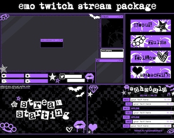 Emo Animated Stream Package PURPLE | twitch overlay | black custom vtuber setup goth pop punk scenecore aesthetic y2k retro old web mcbling