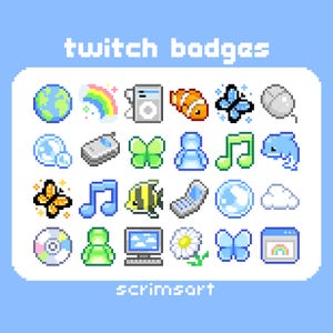 May include: A collection of twenty-four pixel art icons arranged in a grid on a white background, labeled twitch badges and scrimsort. The icons include a globe, rainbow, music player, fish, butterflies, computer mouse, bubbles, phone, notes, dolphin, cloud, disc, and computer.