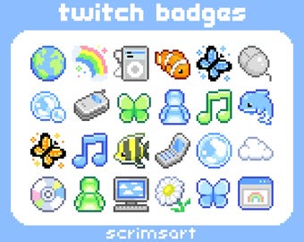 Frutiger Aero Twitch Sub Badges, Bit Badges | pixel art y2k early 2000s old web cute blue green butterfly nostalgia retro cyber fish windows