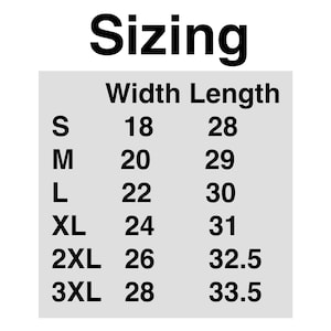 K&ouml;nnte beinhalten: Gr&ouml;&szlig;entabelle f&uuml;r Kleidung mit Ma&szlig;en in Zoll. Die Tabelle zeigt die Breite und L&auml;nge der verschiedenen Gr&ouml;&szlig;en von S bis 3XL.