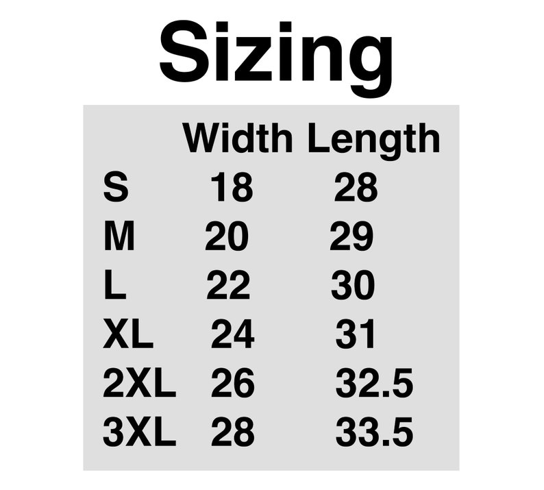 K&ouml;nnte beinhalten: Gr&ouml;&szlig;entabelle f&uuml;r Kleidung mit Ma&szlig;en in Zoll. Die Tabelle zeigt die Breite und L&auml;nge der verschiedenen Gr&ouml;&szlig;en von S bis 3XL.