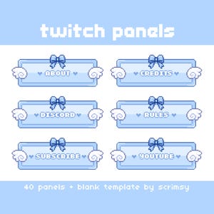 Puede incluir: Un conjunto de seis paneles azules de Twitch con nubes blancas y lazos. Los paneles muestran el texto "ABOUT", "CREDITS", "DISCORD", "RULES", "SUBSCRIBE" y "YOUTUBE". El texto "40 panels + blank template by scrimsy" está en la parte inferior de la imagen.