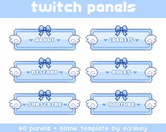 Blue Bow and Angel Wings Twitch Panels | pastel blue aesthetic vtuber | pixel art baby blue coquette angelcore cutecore kawaii cute clouds