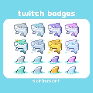 Shark Twitch Sub Badges, Bit Badges | 8-bit pixel art kawaii pastel beach fin aquatic ocean fish mermaid sea creature fish vtuber