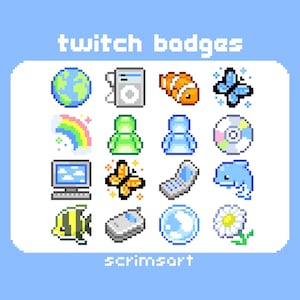 Op de afbeelding: Een set van 16 pixel art badges met verschillende iconen, waaronder een wereldbol, een computer, een vis, een vlinder, een regenboog, een persoon, een cd, een dolfijn, een telefoon, een madeliefje en een vis. De tekst "twitch badges" en "scrimsart" is ook in de afbeelding opgenomen.