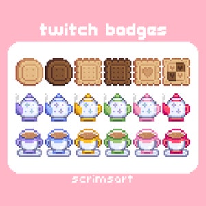 Insignias de suscripción de Twitch de Tea Biscuit, insignias de bits / Arte de píxeles de 8 bits lindo pastel kawaii dulces cafetería panadería cottagecore galleta tetera taza de té coqueta