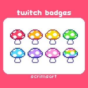 Emblemas de sub do Twitch de cogumelo, emblemas de bits | pixel arco-íris vermelho pastel rosa planta fofo kawaii fada cottagecore flor fairycore kidcore hippie