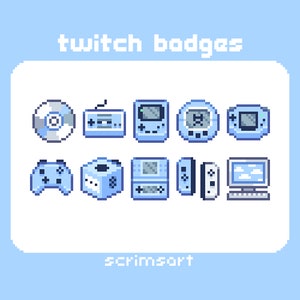 May include: A set of nine blue pixel art badges featuring various retro gaming consoles and accessories, including a game cartridge, a handheld game console, a joystick, and a CD. The text "twitch badges" is at the top of the image and "scrimsart" is at the bottom.