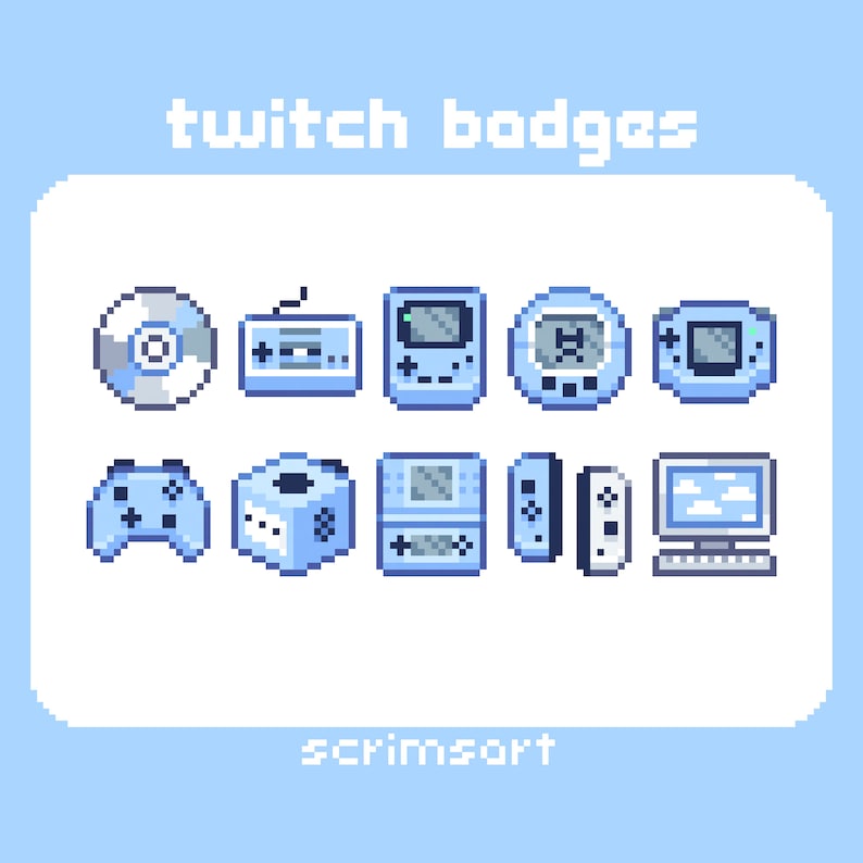 May include: A set of nine blue pixel art badges featuring various retro gaming consoles and accessories, including a game cartridge, a handheld game console, a joystick, and a CD. The text "twitch badges" is at the top of the image and "scrimsart" is at the bottom.