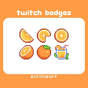 Puede incluir: Un conjunto de insignias de Twitch de arte de píxeles que presentan rodajas de naranja y un vaso de jugo de naranja. Las insignias son de varios estilos, incluyendo naranjas enteras, rodajas de naranja y un vaso de jugo de naranja con una pajita. El texto "twitch badges" y "scrimsart" también se incluye en la imagen.