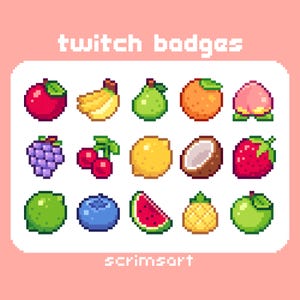 Puede incluir: Un conjunto de 16 insignias de frutas y verduras de pixel art para Twitch. Las insignias presentan una variedad de frutas y verduras, incluyendo manzanas, plátanos, peras, naranjas, melocotones, uvas, cerezas, limones, cocos, fresas, limas, arándanos, sandías, piñas y manzanas verdes.