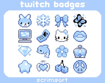 May include: A set of 16 blue pixel art Twitch badges featuring various designs, including a snowflake, a bow, a butterfly, a laptop, a phone, Hello Kitty, lips, a diamond, a dolphin, a flower, a crown, a star, a heart, cherries, and a peace sign. The text "twitch badges" and "scrimsart" are also included in the image.