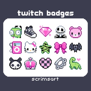 May include: A set of 16 pixel art Twitch badges featuring various characters and designs, including a green alien, a pink bear, a pink bow, a zebra-striped star, a black and white skull, a pink heart with a checkered pattern, and a pink crown. The text "twitch badges" and "scrimsart" are also included in the image.