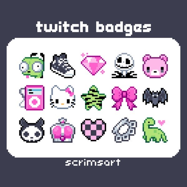 Emo Scene Twitch Sub Badges, Bit Badges | pixel art scenecore goth punk y2k 2000s black pink green skull bat diamond crown heart star zebra