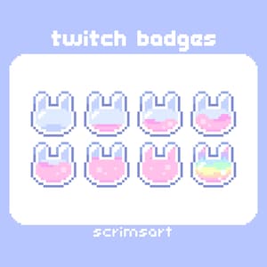 May include: Seven pixel art Twitch badges featuring a bunny-shaped container with different colored liquids inside. The liquids are clear, pink, and rainbow. The text "twitch badges" is at the top of the image and "scrimsart" is at the bottom.