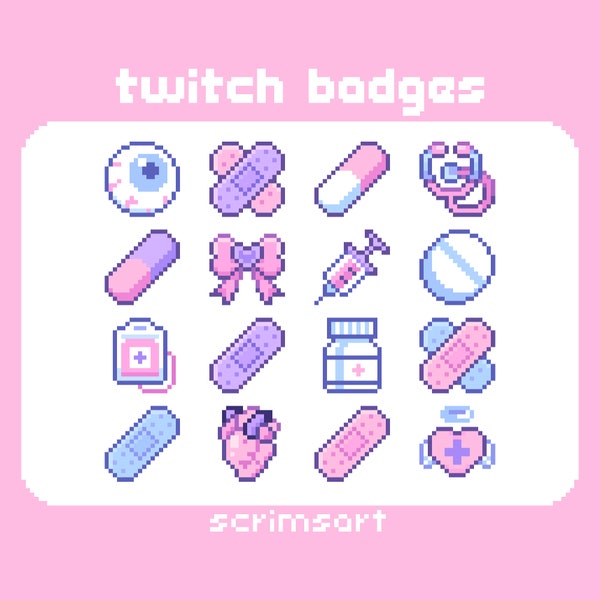 Medical Twitch Sub Badges, Bit Badges | pixel art icon menhera pink heart creepy cute kawaii pastel goth nurse bandage eyeball pill yandere