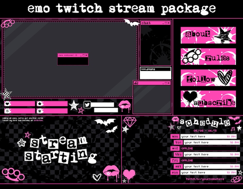 May include: A black and pink Twitch stream package design with a checkered background. The design includes a large black screen for the stream, a chat window, a schedule, and a section for about, rules, follow, and subscribe. The text "stream starting" is in white letters on a black background.