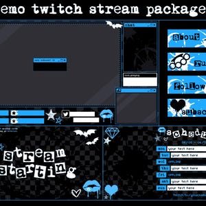 May include: An Emo Twitch stream package design with a dark gray and black color scheme, accented with blue. The design includes elements like stars, bats, hearts, and the text "stream starting".