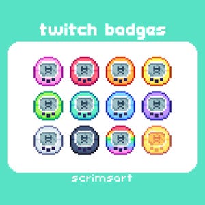 Op de afbeelding: Een set van 12 Twitch-badges in pixel art met verschillende kleuren en ontwerpen. De badges zijn gevormd als een Tamagotchi en hebben een gepixelde X in het midden. De tekst "twitch badges" en "scrimsart" is ook in de afbeelding opgenomen.