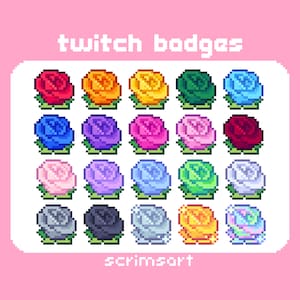 May include: A collection of pixel art rose badges in various colors, including red, orange, yellow, green, blue, purple, pink, and white. The text "twitch badges" is at the top, and "scrimsort" is at the bottom.