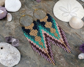 Beaded Fringe Earrings on Gold Hoops; 'Mermaid'. Part of the 'Mythical Creatures' collection.