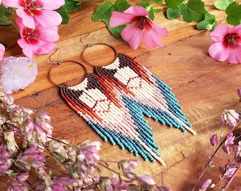 Beaded Fringe Earrings on Copper Hoops; 'Phoenix'. Part of the 'Mythical Creatures' collection.