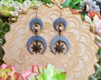 Sun and Moon, Bronze and Silver Metal Earrings with Czech Bead Details