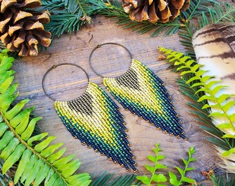 Beaded Fringe Earrings on Large Antique Bronze Hoops; 'Wilderness'