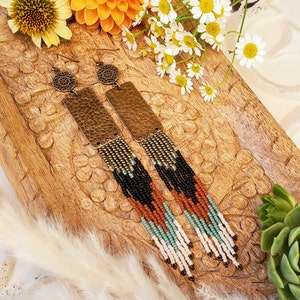 Long Beaded Fringe Mandala Shoulder Dusters on Hammered Bronze Rectangles; &#39;Mojave&#39; colors
