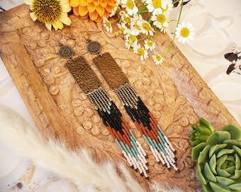 Long Beaded Fringe Mandala Shoulder Dusters on Hammered Bronze Rectangles; 'Mojave' colors