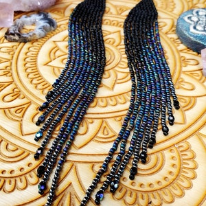 Long Black Beaded Shoulder Duster Earrings 'Galaxy' Collection image 4