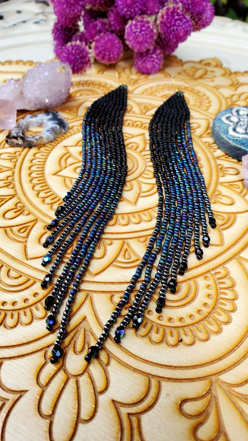 Long Black Beaded Shoulder Duster Earrings 'Galaxy' Collection image 4