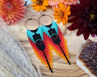 Beaded Fringe Earrings on Copper Hoops; 'Thunderbird'. Part of the 'Mythical Creatures' collection.