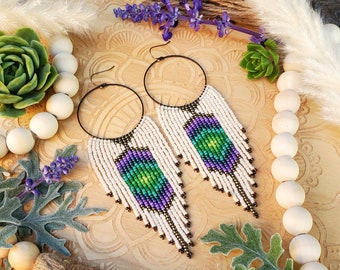 Beaded Fringe Earrings on Large Antique Bronze Hoops; 'Aurora'