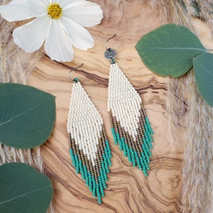 Boho Beaded Fringe Earrings with OPTIONAL Silver Mandala Charms; Creamy white, pinkish-green and turquoise.