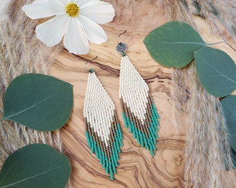 Boho Beaded Fringe Earrings with OPTIONAL Silver Mandala Charms; Creamy white, pinkish-green and turquoise.
